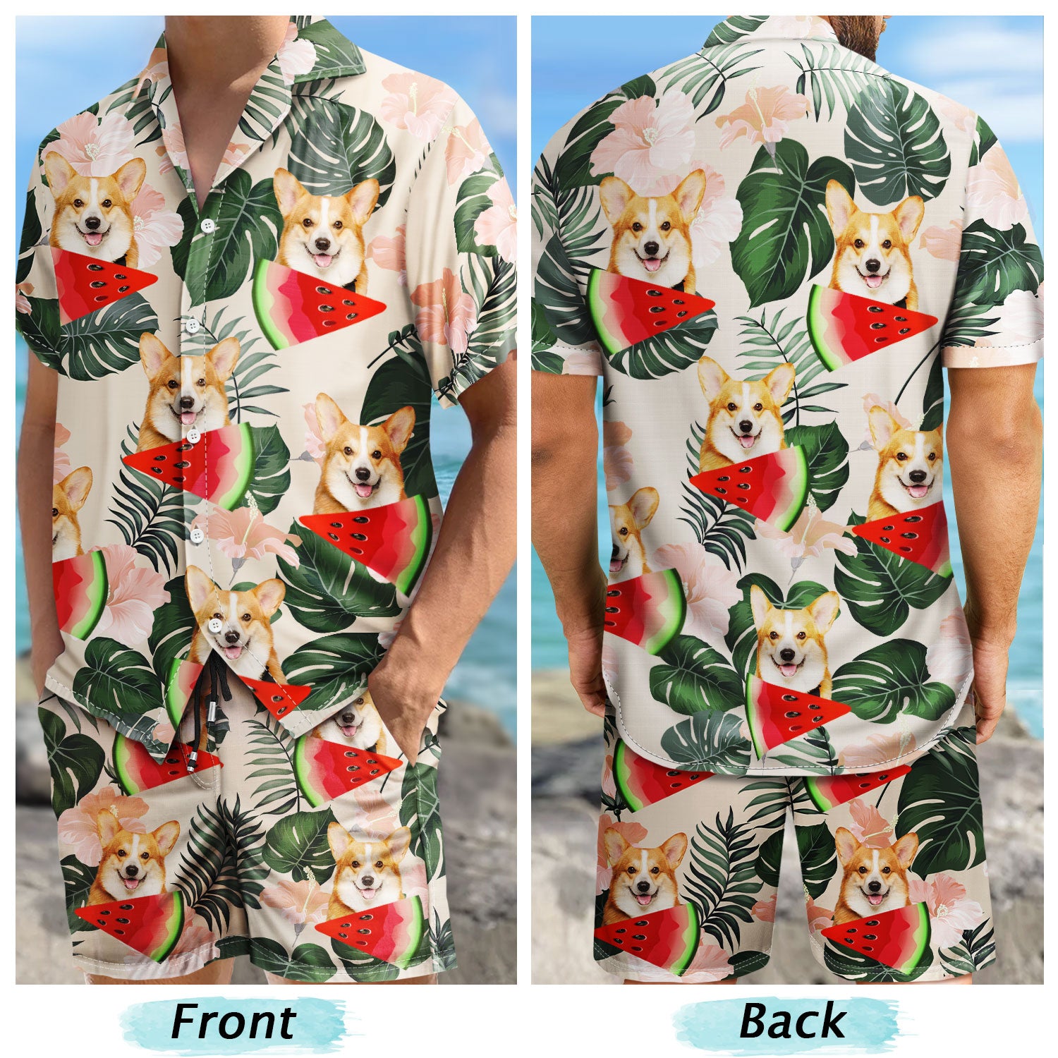 カスタム写真の面白い家族のペットの顔 - パーソナライズされたハワイセットシャツとショーツ-welikecustom-MJ