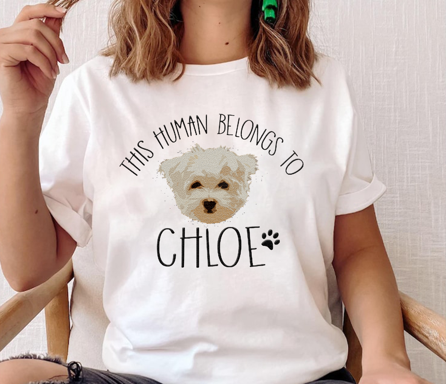 "This Human Belongs to Dog "ポートレート 刺繍 パーカー スウェットシャツ Tシャツ-welikecustom-MJ