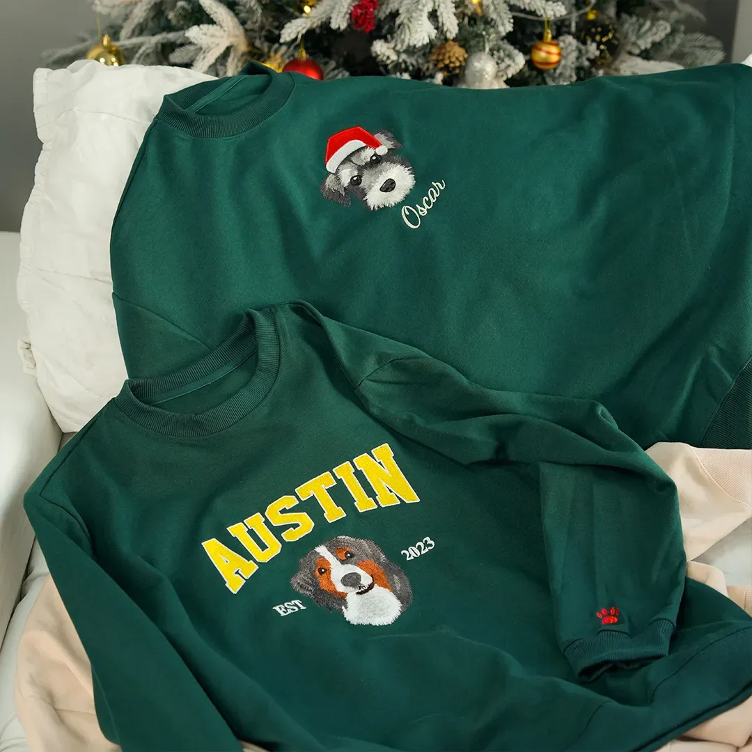 写実風カスタマイズされたペットのクリスマス帽子シリーズの刺繍入り T シャツ、スウェットシャツ、パーカー-welikecustom-MJ