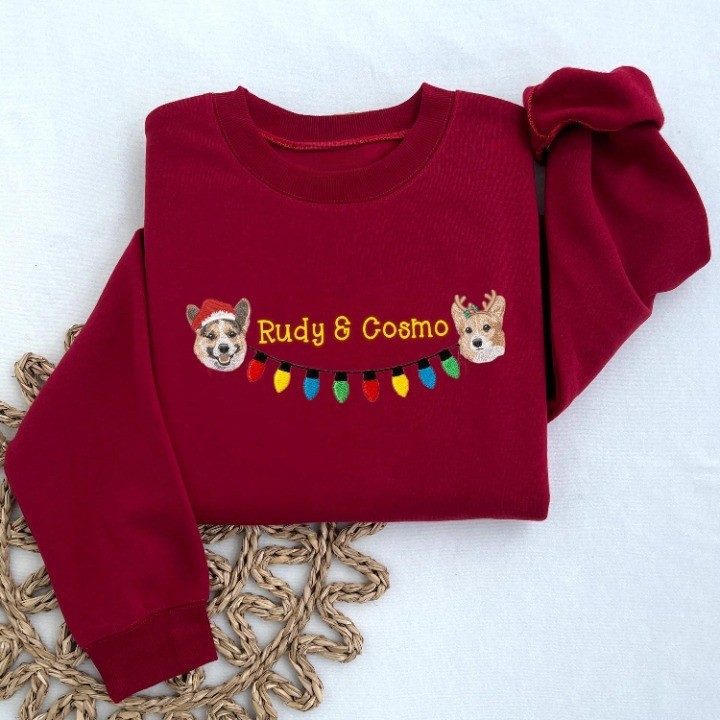 2 匹のペットのためのクリスマス ライト刺繍コレクション T シャツ、スウェットシャツ、パーカー-welikecustom-MJ
