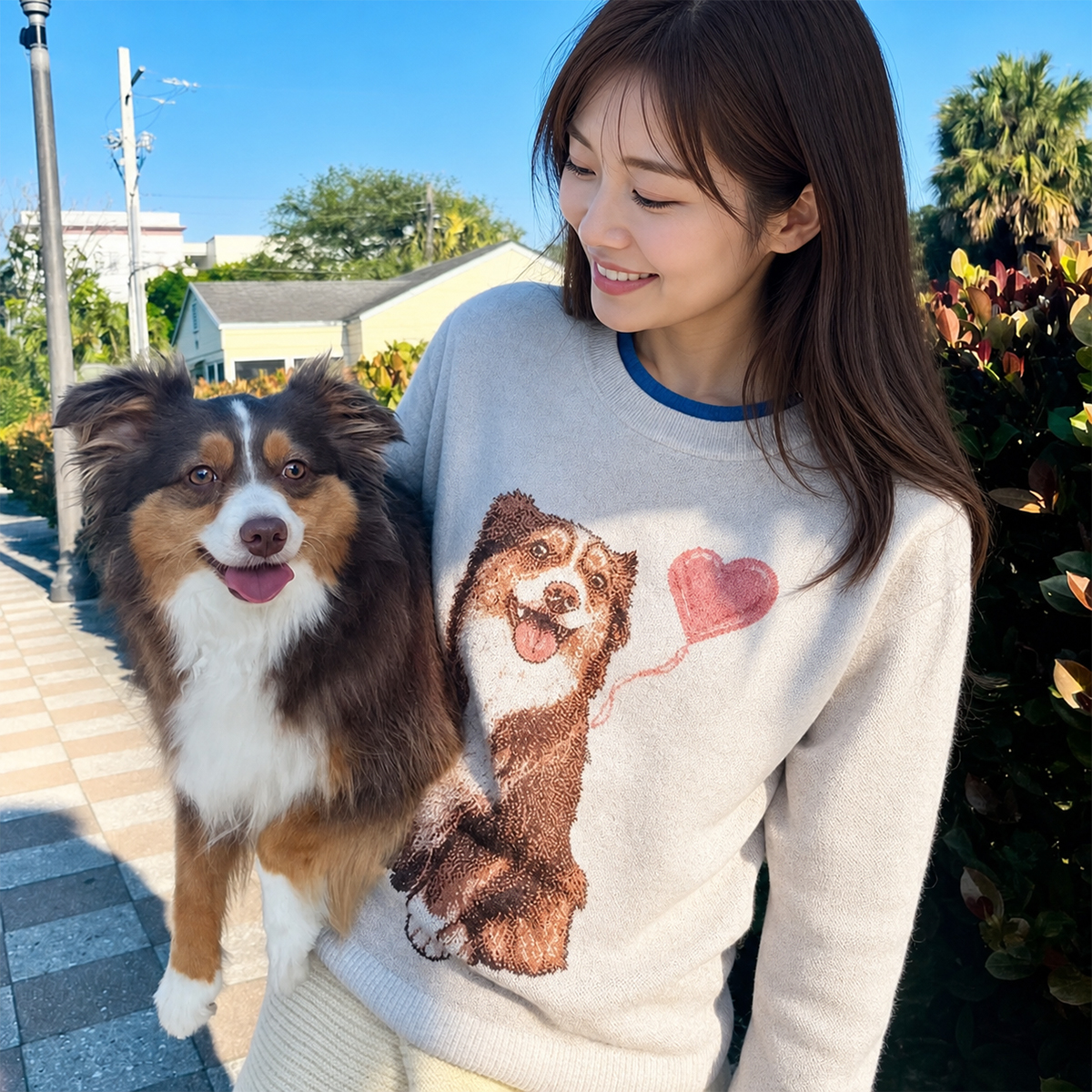 ペットニットセーター ハート風船 犬柄 可愛い 動物好き ジャカード編み 暖かい プルオーバー スウェター ペットオーナー向け