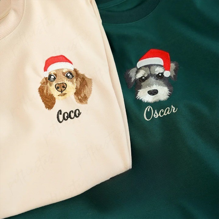 写実風カスタマイズされたペットのクリスマス帽子シリーズの刺繍入り T シャツ、スウェットシャツ、パーカー-welikecustom-MJ