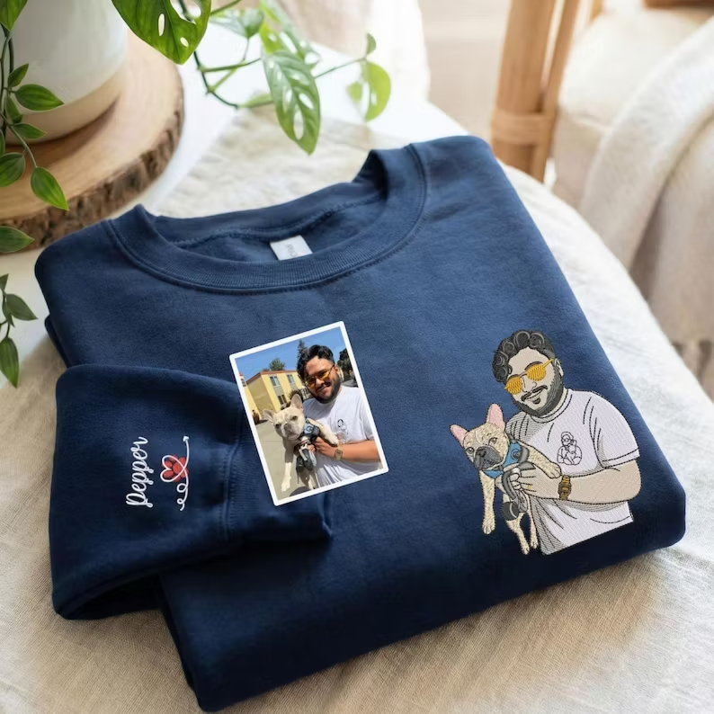 ペットの肖像画刺繍入りTシャツ／スウェットシャツ - あなたとあなたの犬または猫の写真でカスタマイズできます