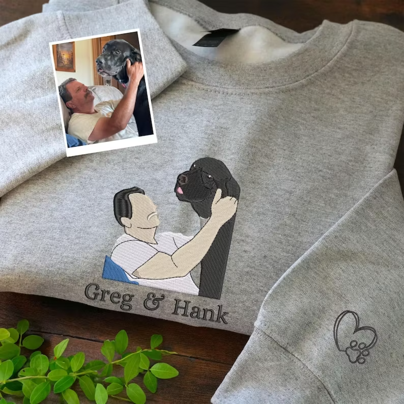 ペットの肖像画刺繍入りTシャツ／スウェットシャツ - あなたとあなたの犬または猫の写真でカスタマイズできます