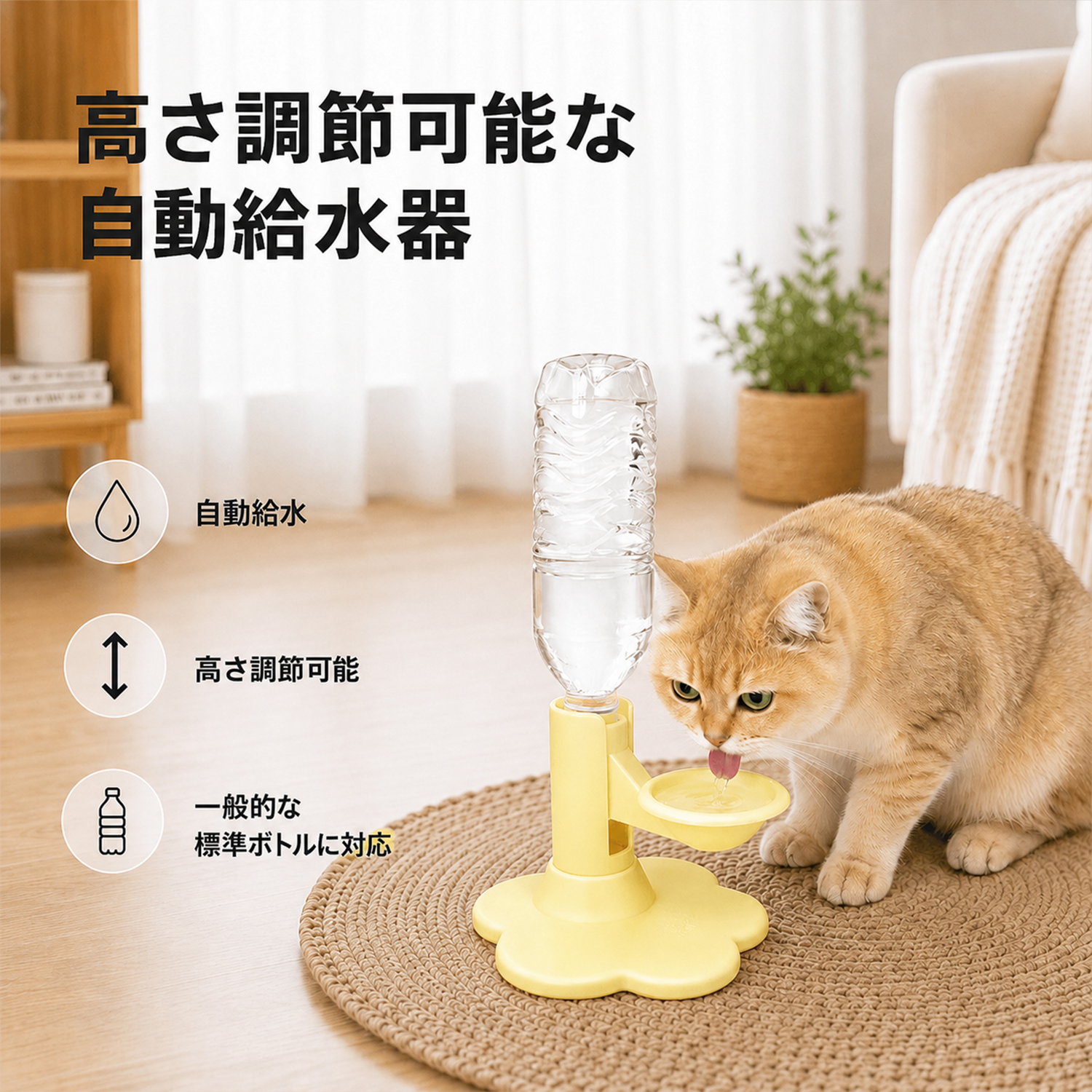 名前カスタム】ペット用自動給水器｜4段階高さ調節・重力自動給水・飛び散り防止＆滑り止め｜猫・小型犬用