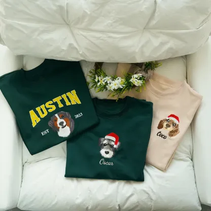 写実風カスタマイズされたペットのクリスマス帽子シリーズの刺繍入り T シャツ、スウェットシャツ、パーカー-welikecustom-MJ