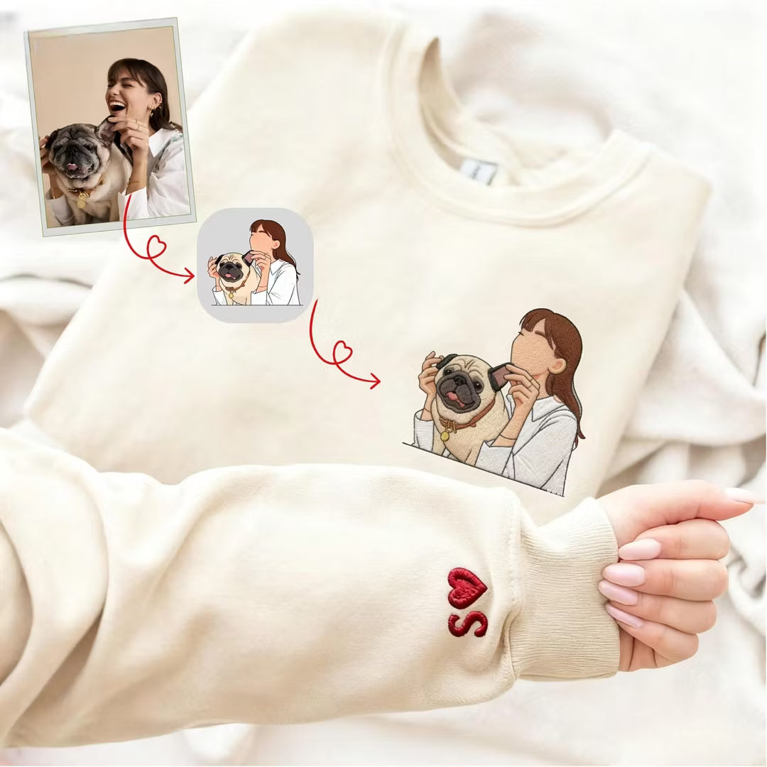 ペットの肖像画刺繍入りTシャツ／スウェットシャツ - あなたとあなたの犬または猫の写真でカスタマイズできます