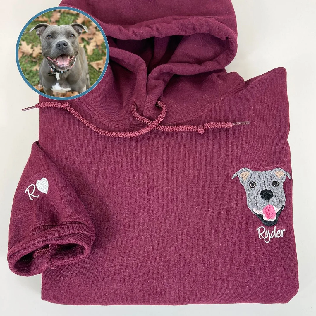 犬の刺繍付きグレーのパーカー（希少） 🐶🐱カスタム刺繍のペット T シャツ、パーカー、スウェット