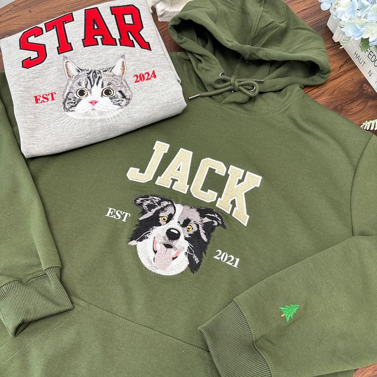 写実風ペットの肖像画が入ったカスタム刺繍スウェットシャツ