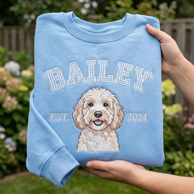 愛犬の顔刺繍ギンガムチェック スウェット｜ヴィンテージ風 varsity デザイン｜ペット記念品・犬好きへのプレゼント