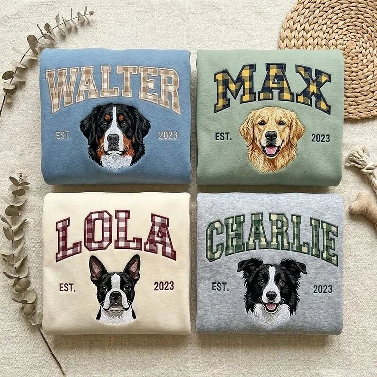 愛犬の顔刺繍ギンガムチェック スウェット｜ヴィンテージ風 varsity デザイン｜ペット記念品・犬好きへのプレゼント