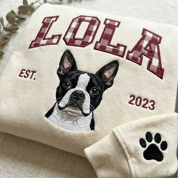 愛犬の顔刺繍ギンガムチェック スウェット｜ヴィンテージ風 varsity デザイン｜ペット記念品・犬好きへのプレゼント