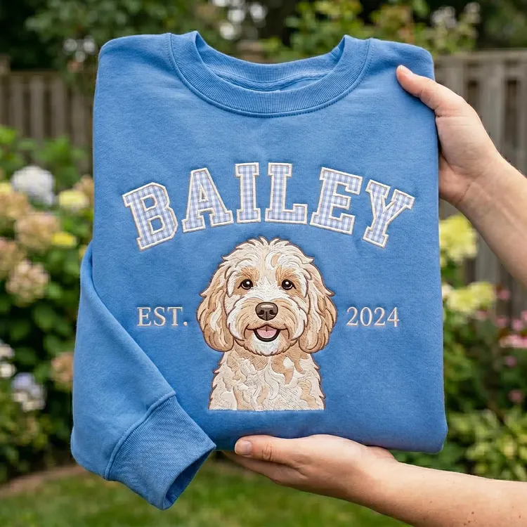 愛犬の顔刺繍ギンガムチェック スウェット｜ヴィンテージ風 varsity デザイン｜ペット記念品・犬好きへのプレゼント
