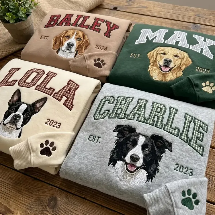 [Copy]愛犬の顔刺繍ギンガムチェック スウェット｜ヴィンテージ風 varsity デザイン｜ペット記念品・犬好きへのプレゼント