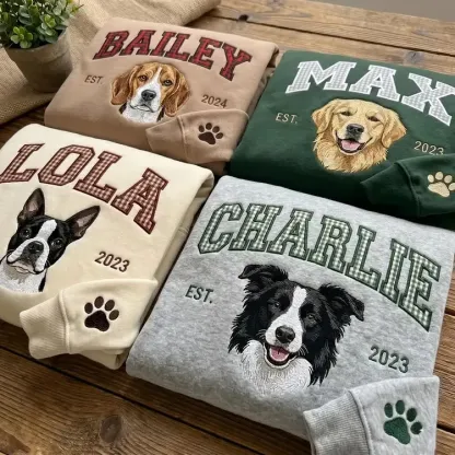 [Copy]愛犬の顔刺繍ギンガムチェック スウェット｜ヴィンテージ風 varsity デザイン｜ペット記念品・犬好きへのプレゼント