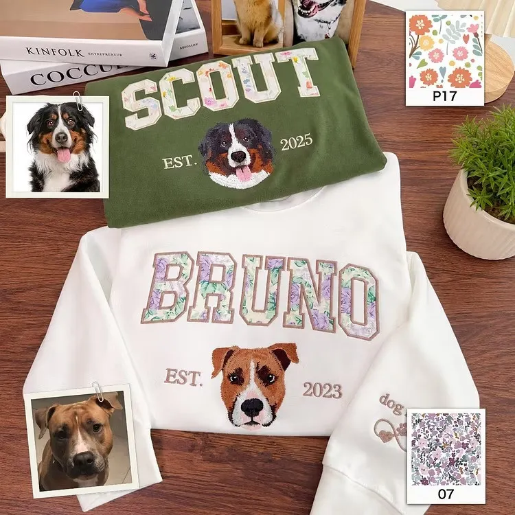 [Copy]愛犬の顔刺繍ギンガムチェック スウェット｜ヴィンテージ風 varsity デザイン｜ペット記念品・犬好きへのプレゼント