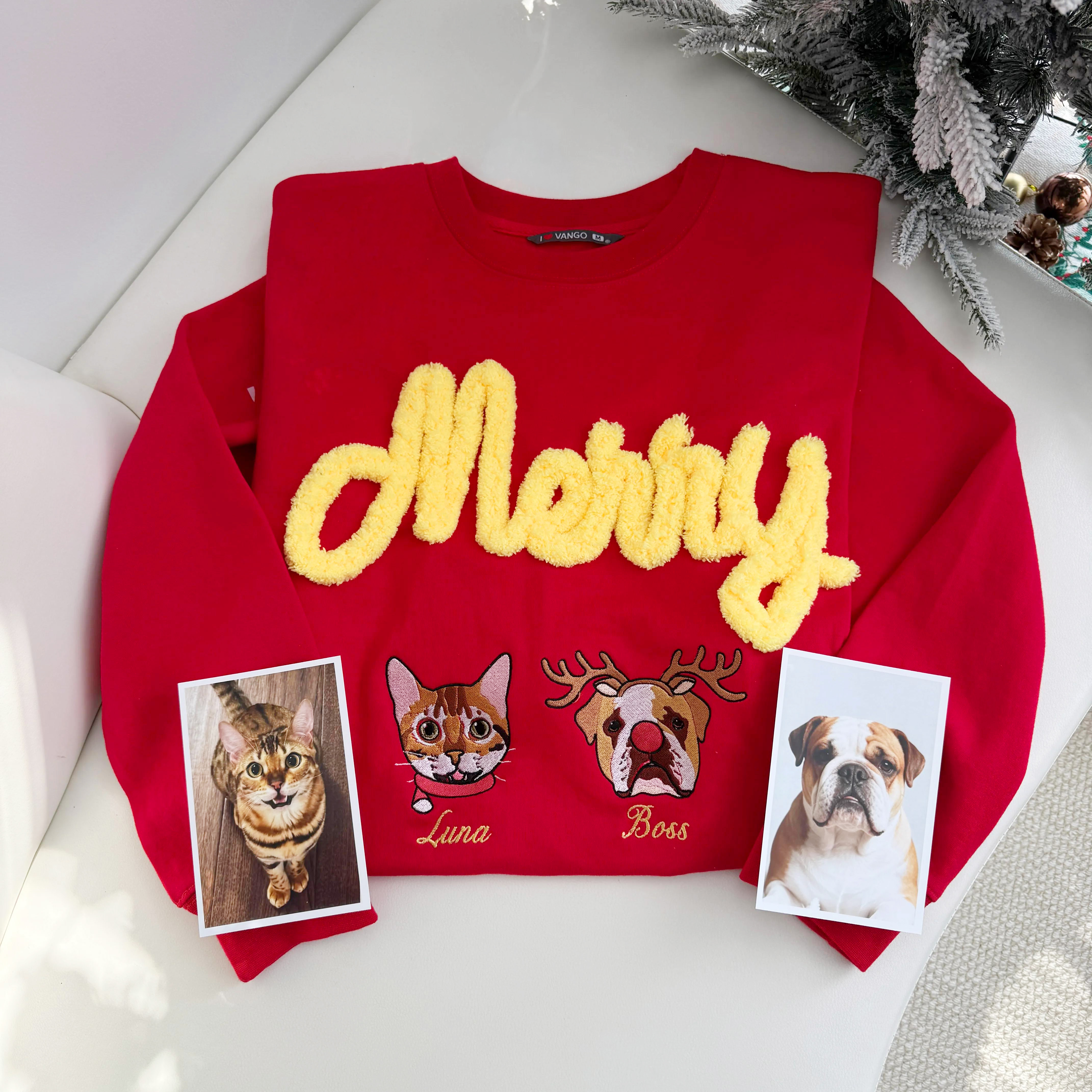 Custom Pet Photo Christmas Embroidery And Chenille Yarn Double