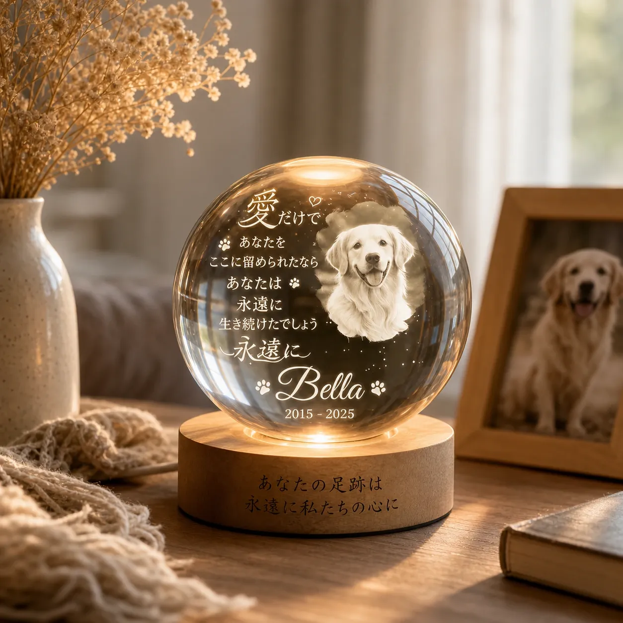 🐶 メモリアルテキスト入り パーソナライズドペットメモリアルクリスタルボールナイトライト 🕯️