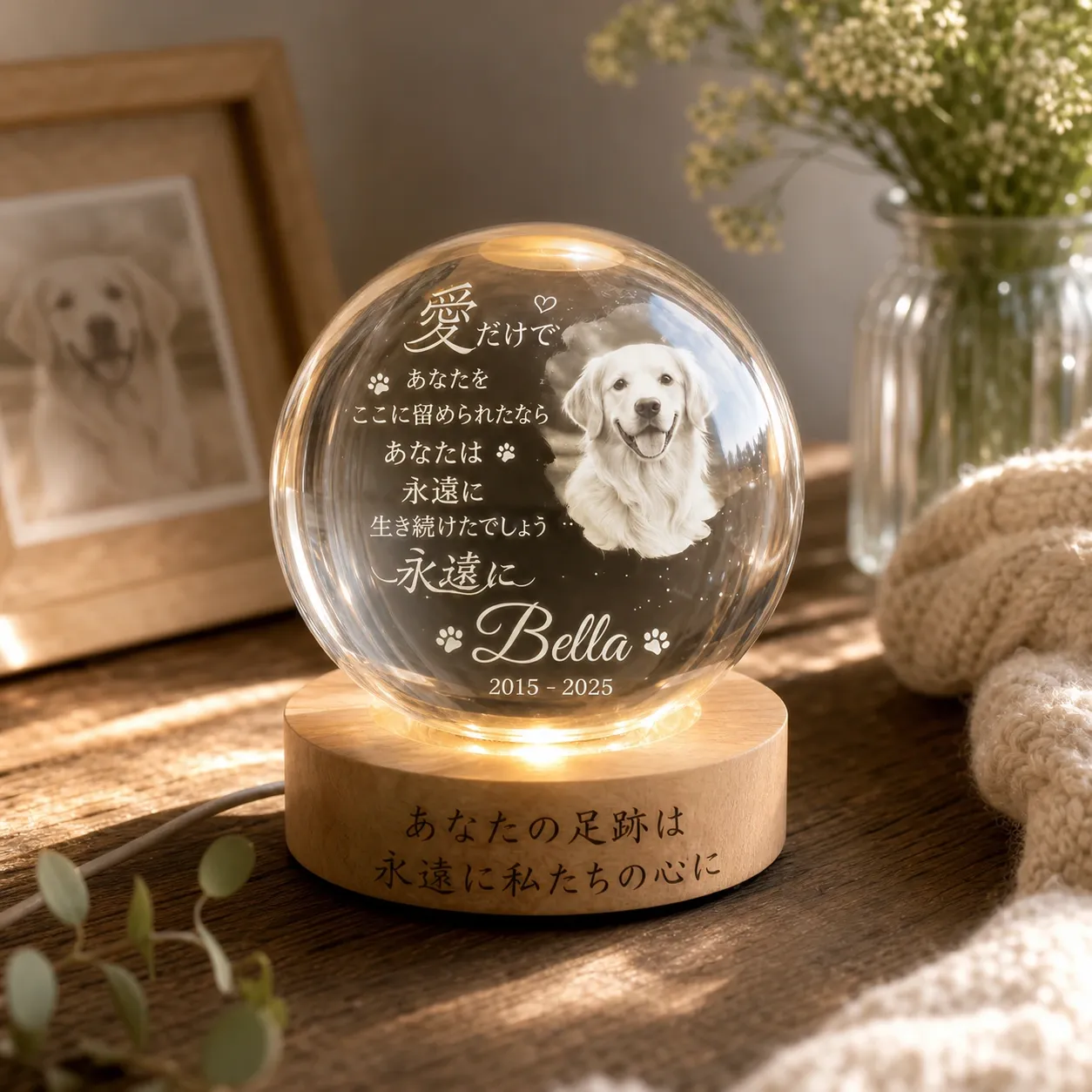 🐶 メモリアルテキスト入り パーソナライズドペットメモリアルクリスタルボールナイトライト 🕯️