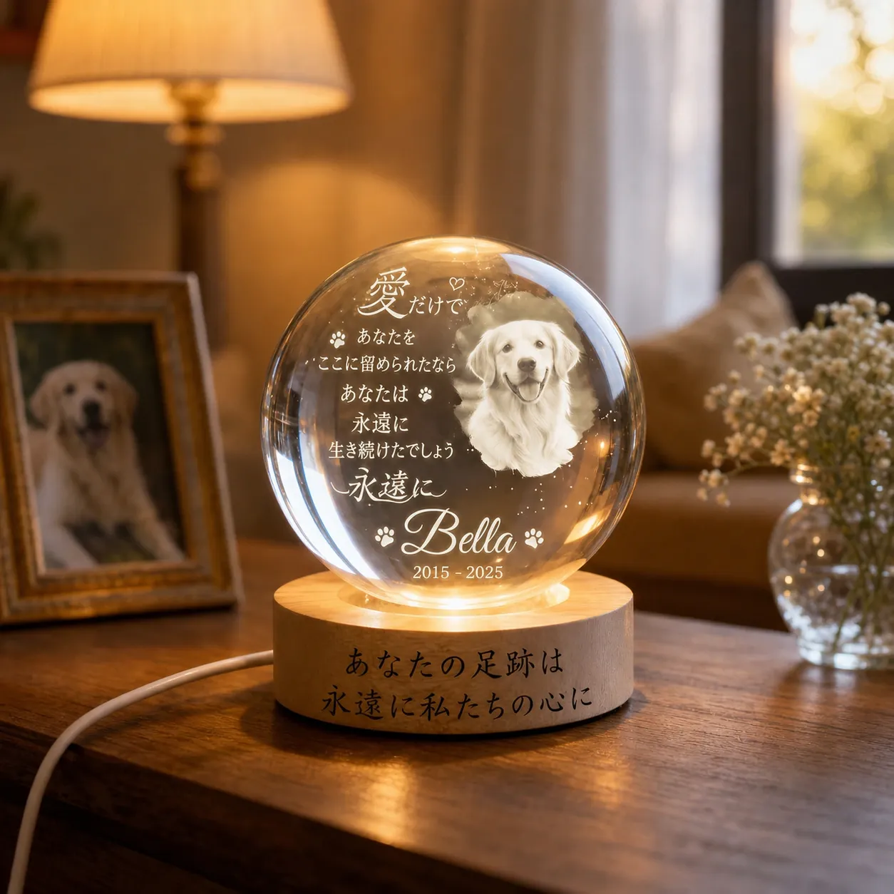 🐶 メモリアルテキスト入り パーソナライズドペットメモリアルクリスタルボールナイトライト 🕯️