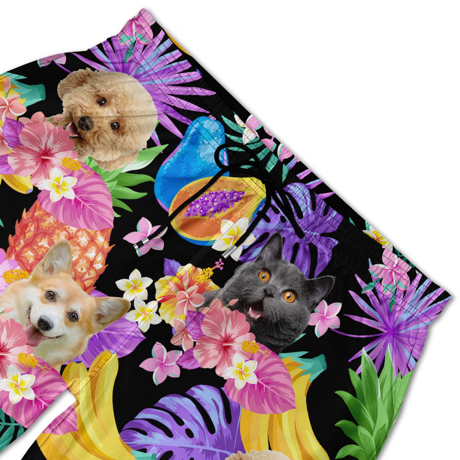 カスタム写真 面白い家族 ペットの顔 黒 カラフル トロピカル - パーソナライズされたユニセックス ビーチ ショーツ-welikecustom-MJ