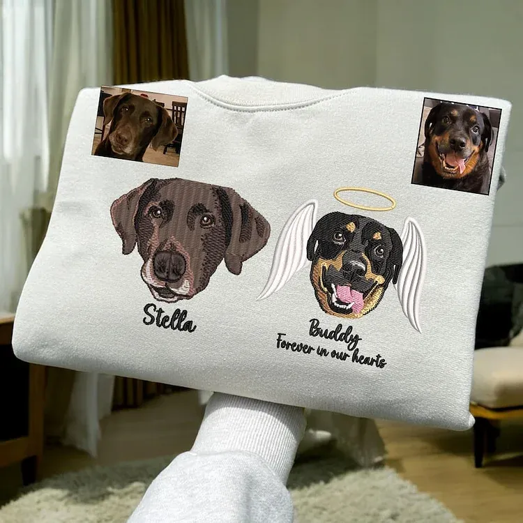 漫画風写実風亡くなったペットを偲んでカスタム刺繍されたTシャツ、パーカー、スウェットシャツ