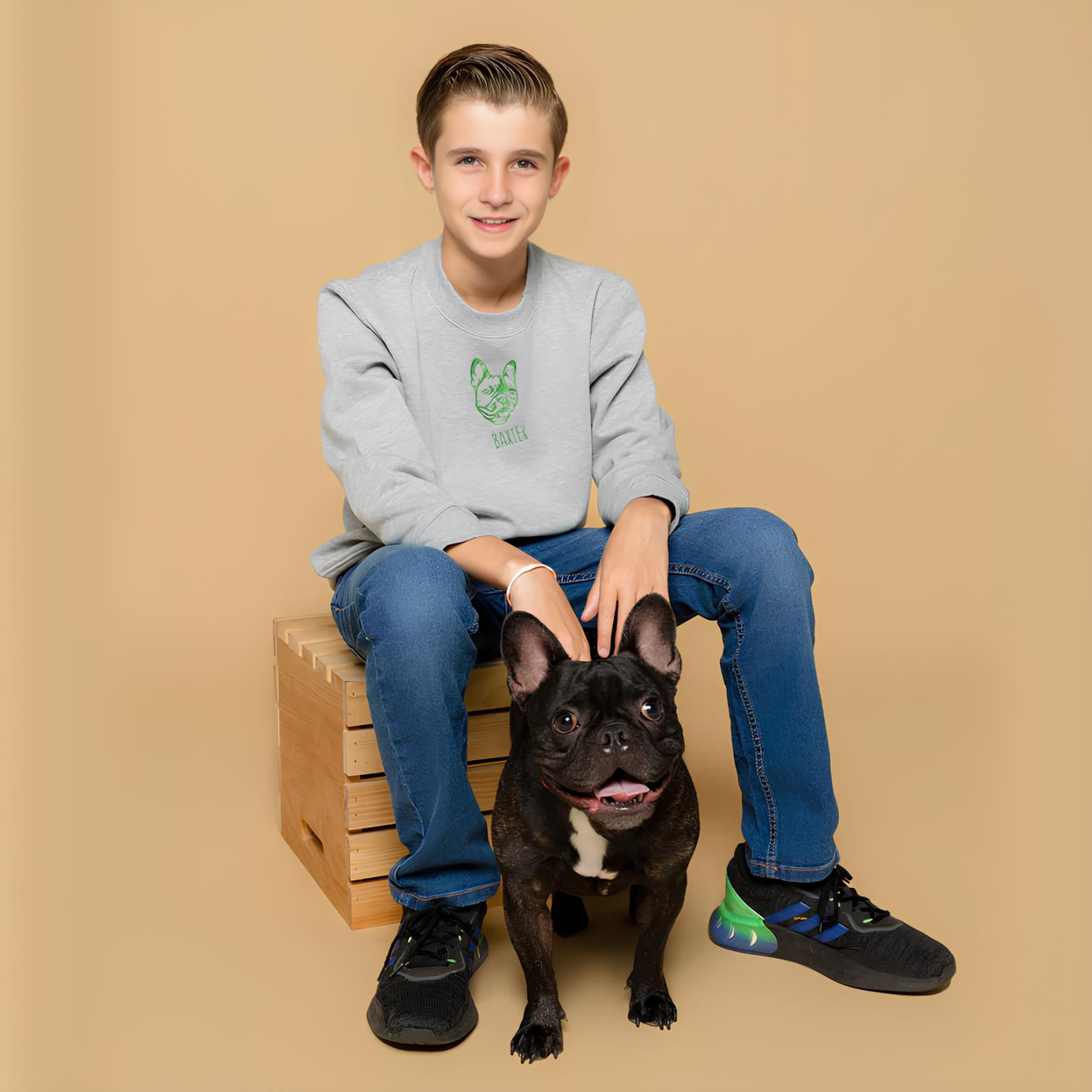 ペットの顔が刺繍された子供用スウェットシャツ、Tシャツ、パーカー