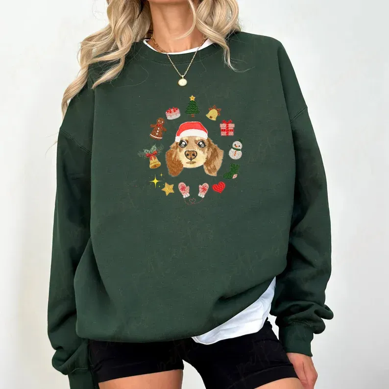 写実風お祝いの刺繍要素を備えたカスタムペットポートレートクリスマススウェットシャツ-welikecustom-MJ