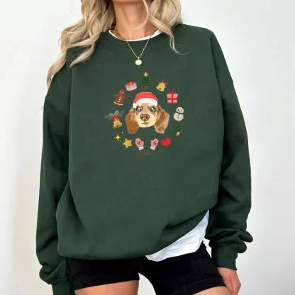写実風お祝いの刺繍要素を備えたカスタムペットポートレートクリスマススウェットシャツ-welikecustom-MJ
