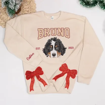 トレンディなサイドリボンとグリッターが付いたカスタムペットポートレート刺繍スウェットシャツ-welikecustom-MJ