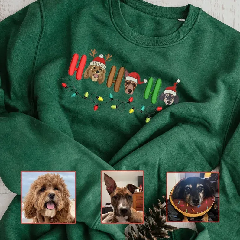HAHAHA カスタムペット写真刺繍クリスマスライトスタイル T シャツ、スウェットシャツ、パーカー-welikecustom-MJ