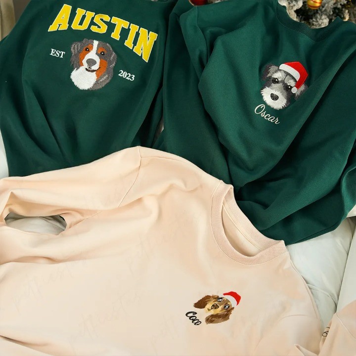 写実風カスタマイズされたペットのクリスマス帽子シリーズの刺繍入り T シャツ、スウェットシャツ、パーカー-welikecustom-MJ