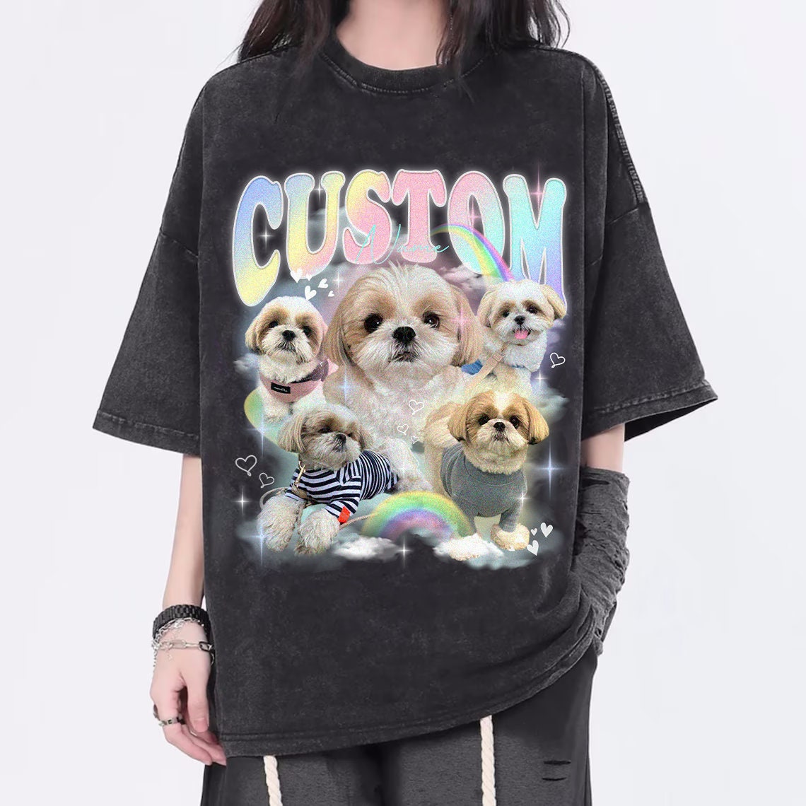カスタムペット写真レインボーコンフォートカラーシャツ、カスタムヴィンテージシャツ、ペット名・写真追加可-welikecustom-MJ