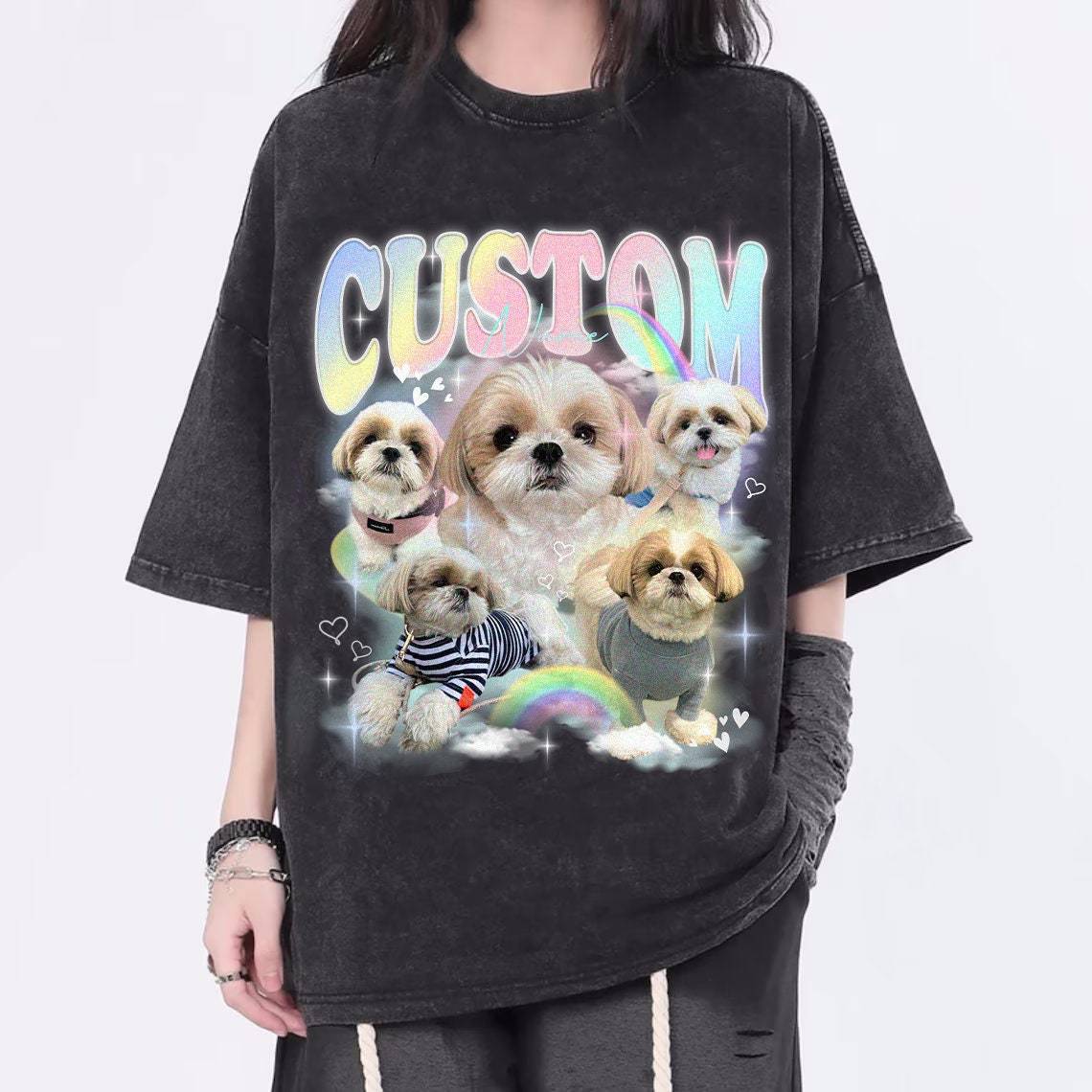 カスタムペット写真レインボーコンフォートカラーシャツ、カスタムヴィンテージシャツ、ペット名・写真追加可-welikecustom-MJ