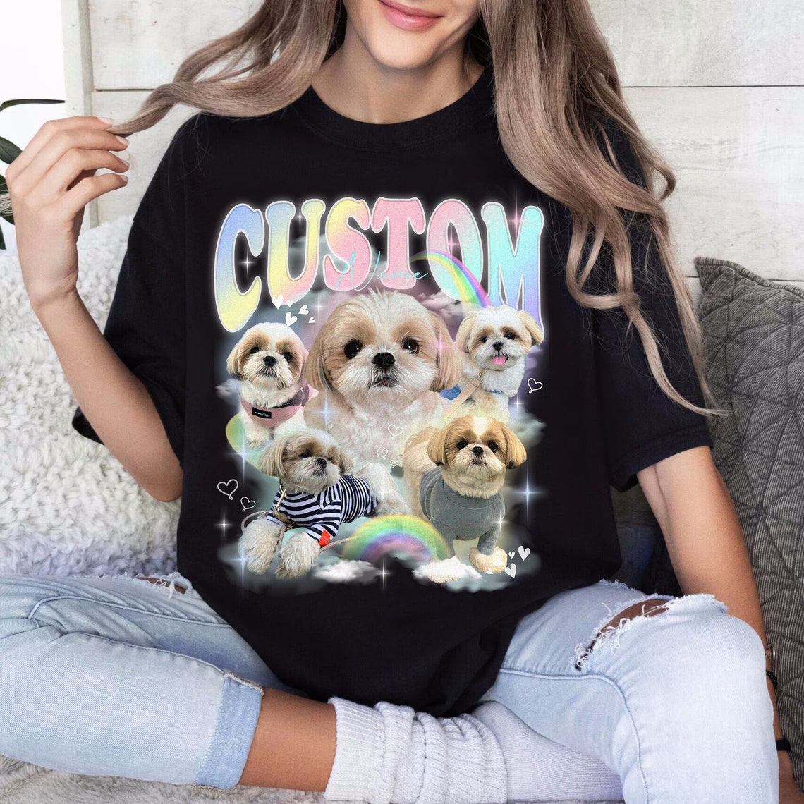 カスタムペット写真レインボーコンフォートカラーシャツ、カスタムヴィンテージシャツ、ペット名・写真追加可-welikecustom-MJ
