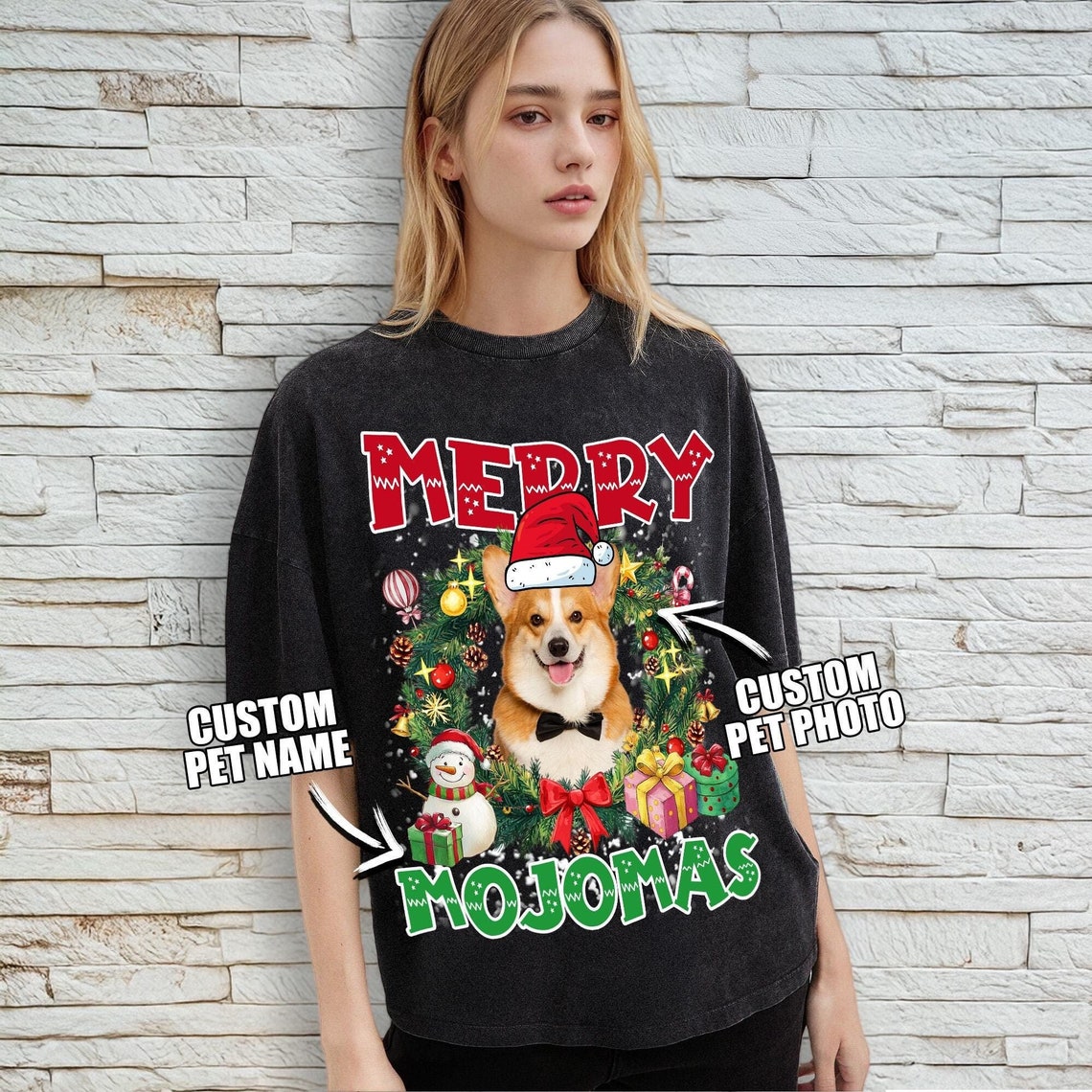 カスタム ペットの写真クリスマス リース ヴィンテージ スタイル T シャツ、スウェットシャツ、パーカー-welikecustom-MJ