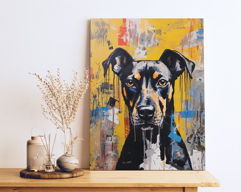 A modern graffiti style pop art dog portrait of a Black and Tan dog. Available in multiple sizes with free shipping. (Rolled canvas only, no frame or stretcher bars included, seen hanging for illustration purposes only)