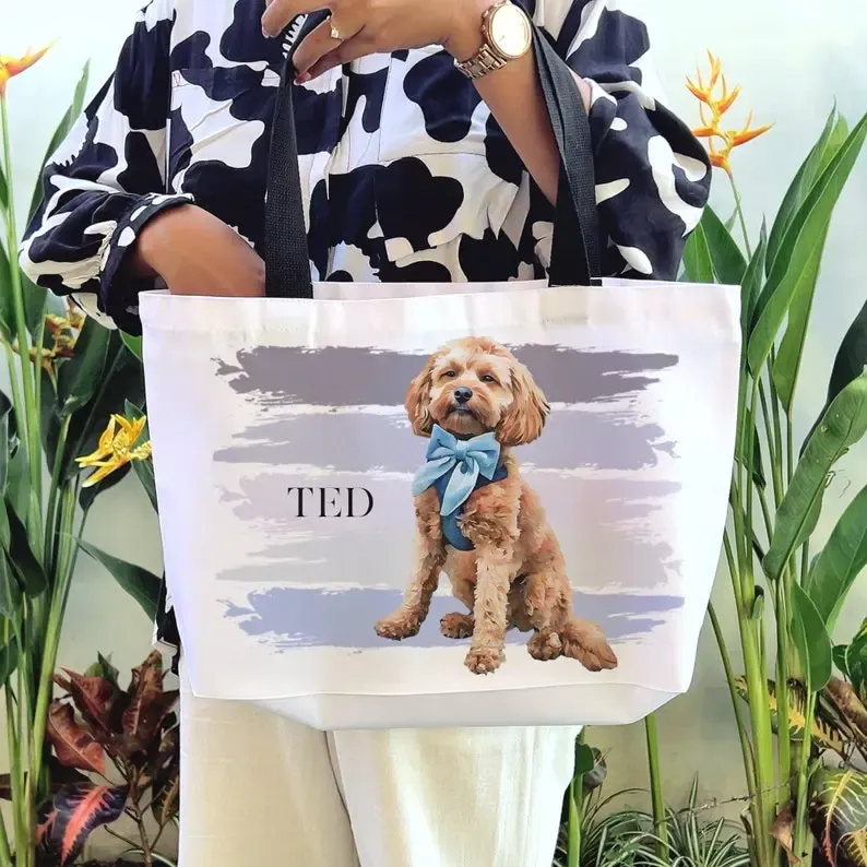 パーソナライズされたペットの写真手描き風キャンバストートバッグ
