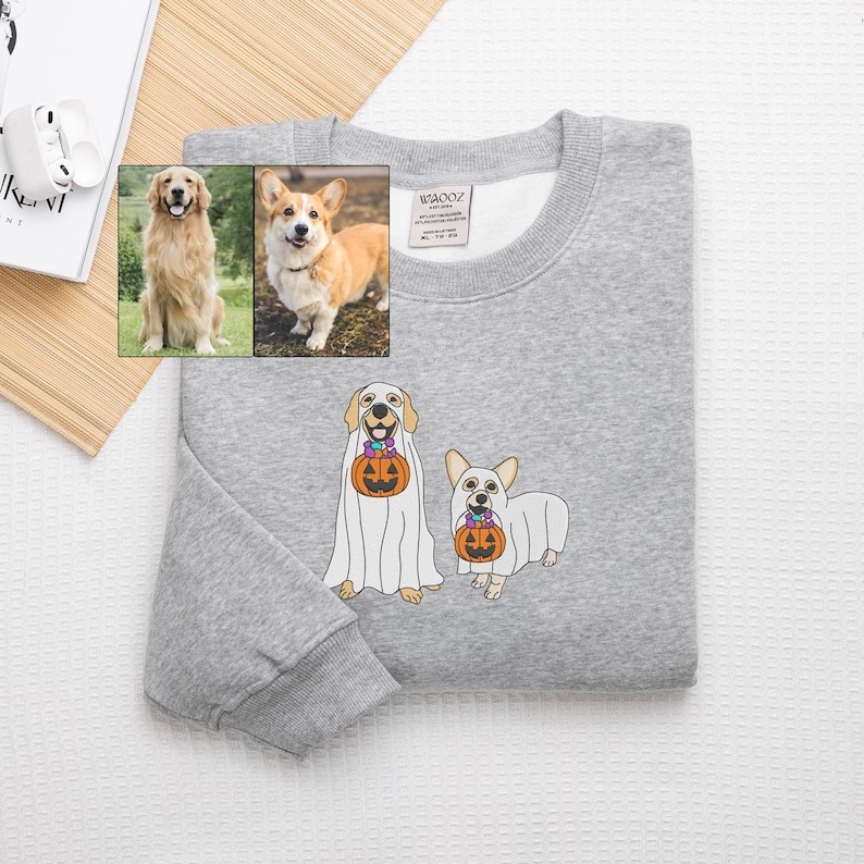 ハロウィンのゴーストペットの刺繍入りTシャツ、スウェットシャツ、パーカー-welikecustom-MJ