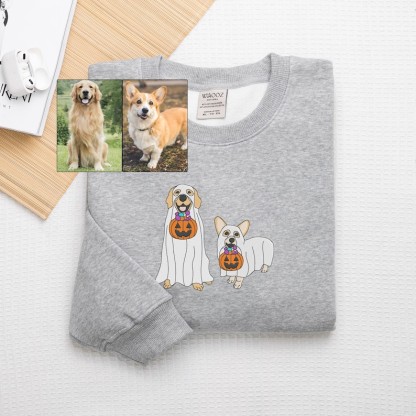 ハロウィンのゴーストペットの刺繍入りTシャツ、スウェットシャツ、パーカー-welikecustom-MJ