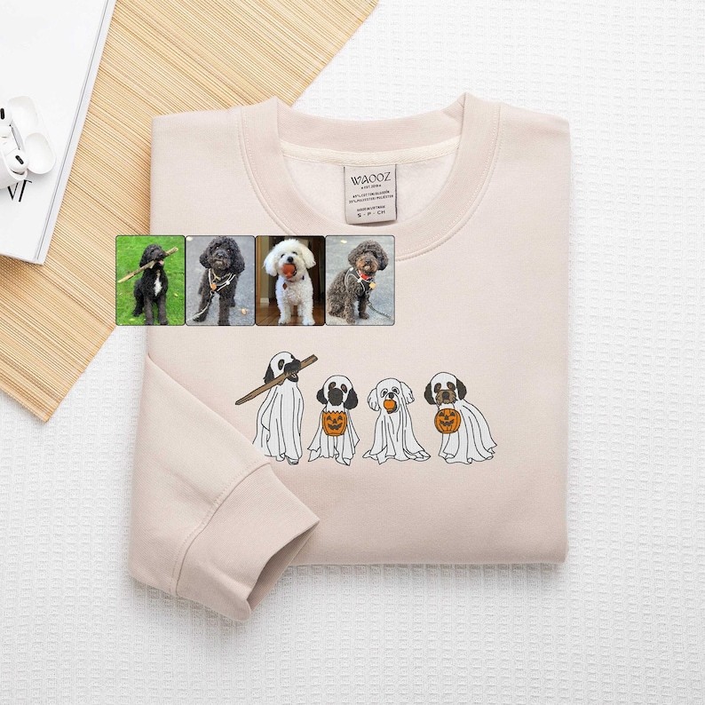 ハロウィンのゴーストペットの刺繍入りTシャツ、スウェットシャツ、パーカー-welikecustom-MJ
