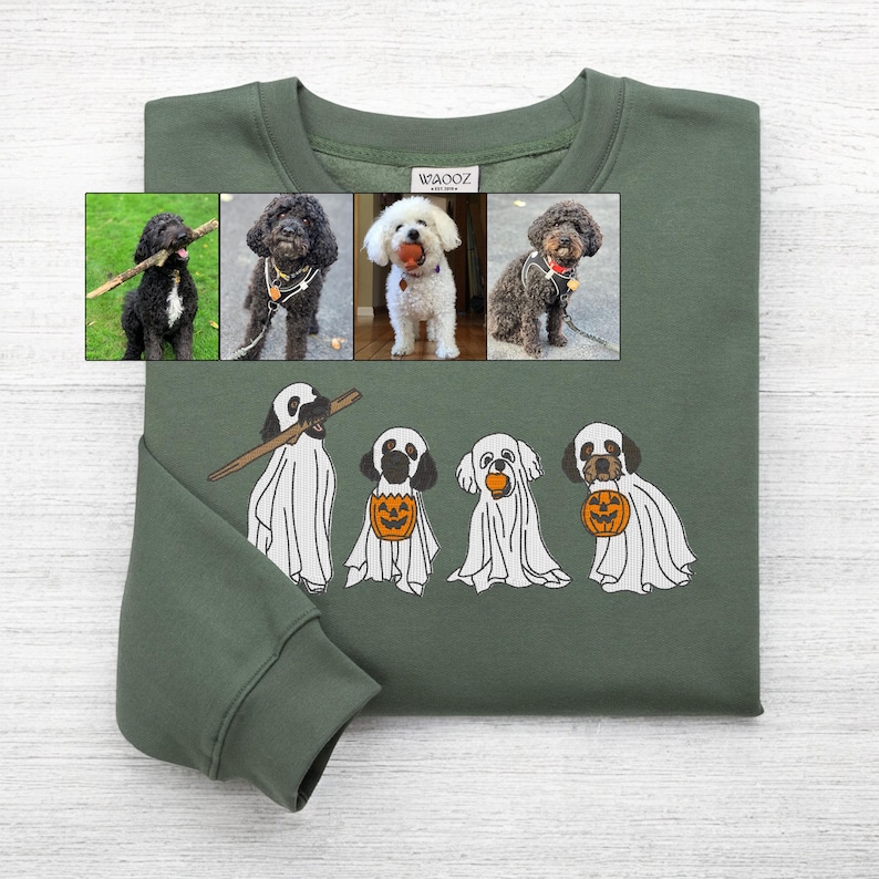 ハロウィンのゴーストペットの刺繍入りTシャツ、スウェットシャツ、パーカー-welikecustom-MJ