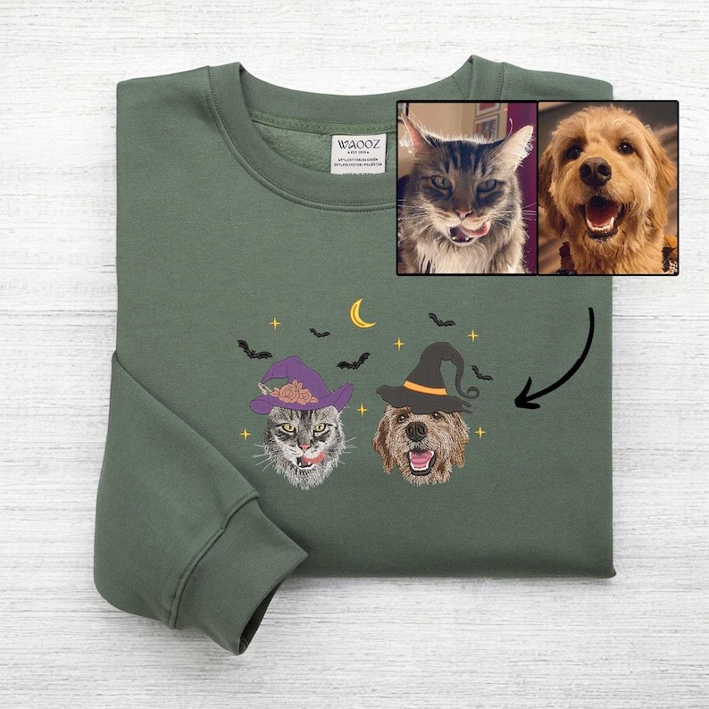 カスタマイズされたハロウィーンの魔女スタイルのペットのポートレート刺繍 T シャツ、スウェットシャツ、パーカー-welikecustom-MJ