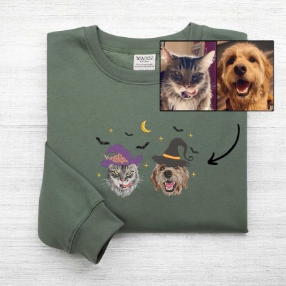 カスタマイズされたハロウィーンの魔女スタイルのペットのポートレート刺繍 T シャツ、スウェットシャツ、パーカー-welikecustom-MJ
