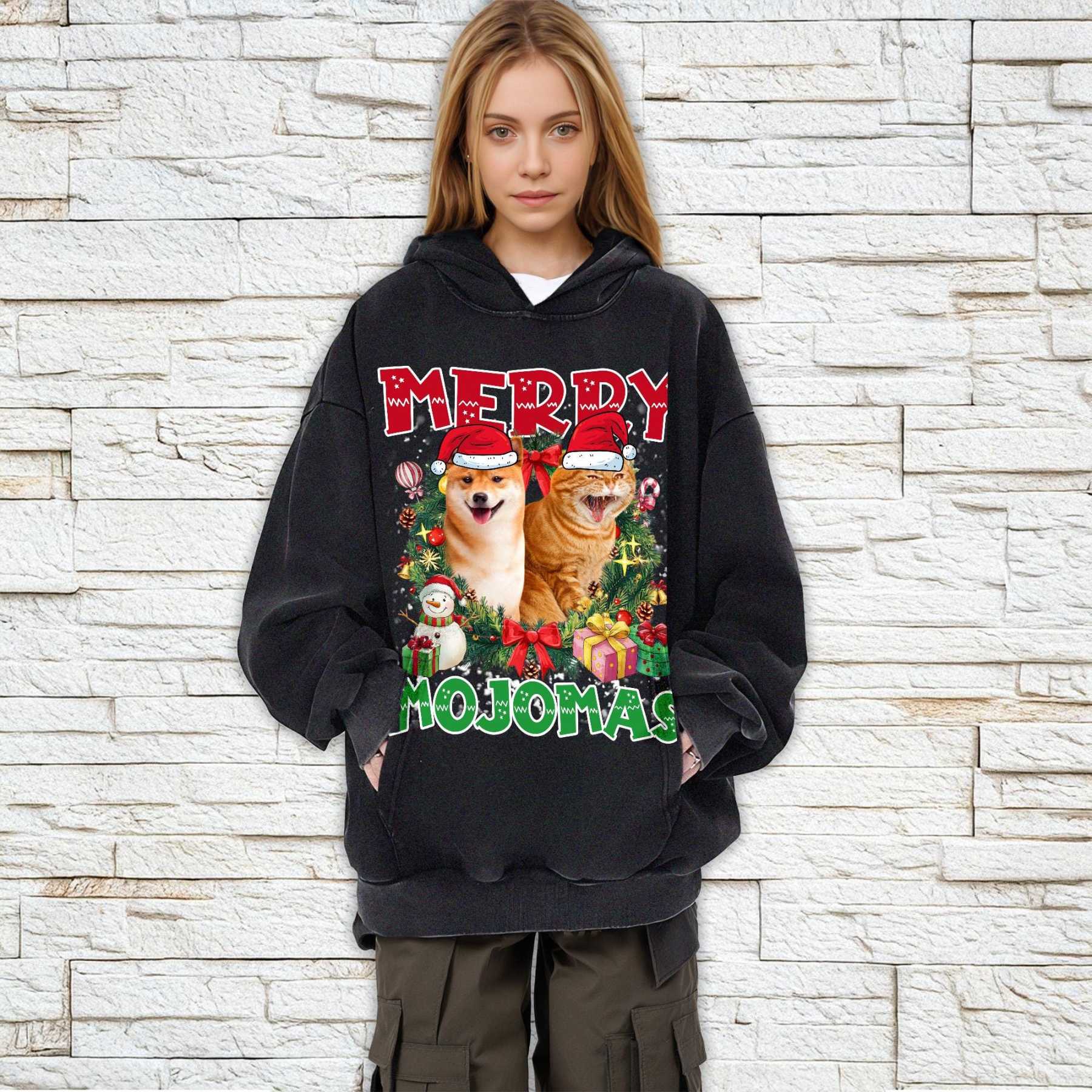 カスタム ペットの写真クリスマス リース ヴィンテージ スタイル T シャツ、スウェットシャツ、パーカー-welikecustom-MJ