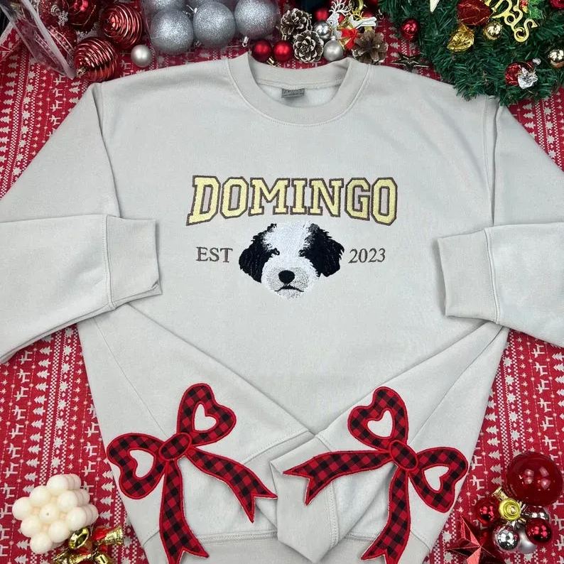 カスタムペット刺繍パーカースウェットシャツTシャツ、刺繍サイドリボンアップリケ付き、クリスマスギフト-welikecustom-MJ