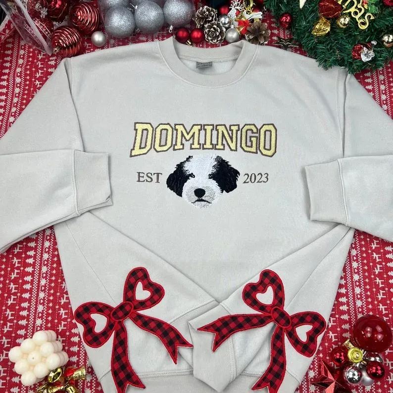 カスタムペット刺繍パーカースウェットシャツTシャツ、刺繍サイドリボンアップリケ付き、クリスマスギフト-welikecustom-MJ