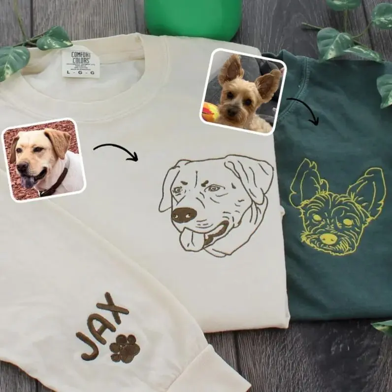輪郭線スタイルカスタムペット刺繍Tシャツ、スウェット、フーディー