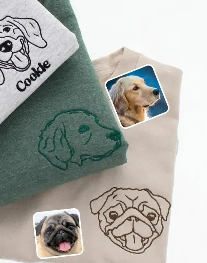 輪郭線スタイルカスタムペット刺繍Tシャツ、スウェット、フーディー