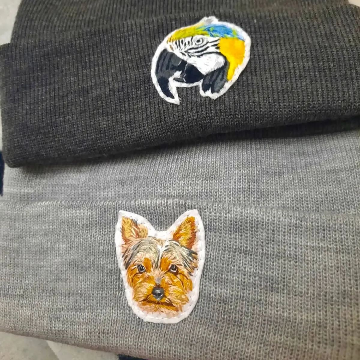 カスタム刺繍のペットの肖像画リサイクルオーガニックビーニーハット